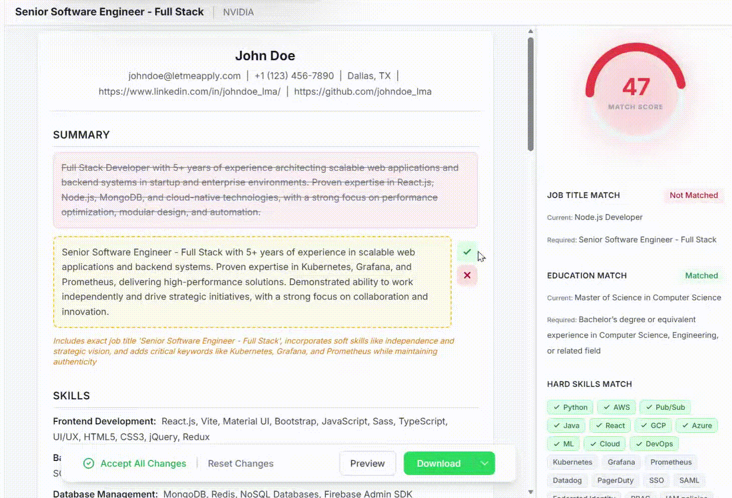 LetMeApply dashboard showing AI ATS resume optimization and tailoring interface
